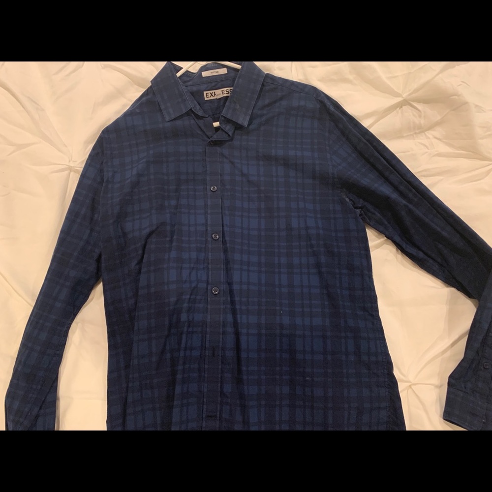 Large Express Blue plaid fitted button up shirt